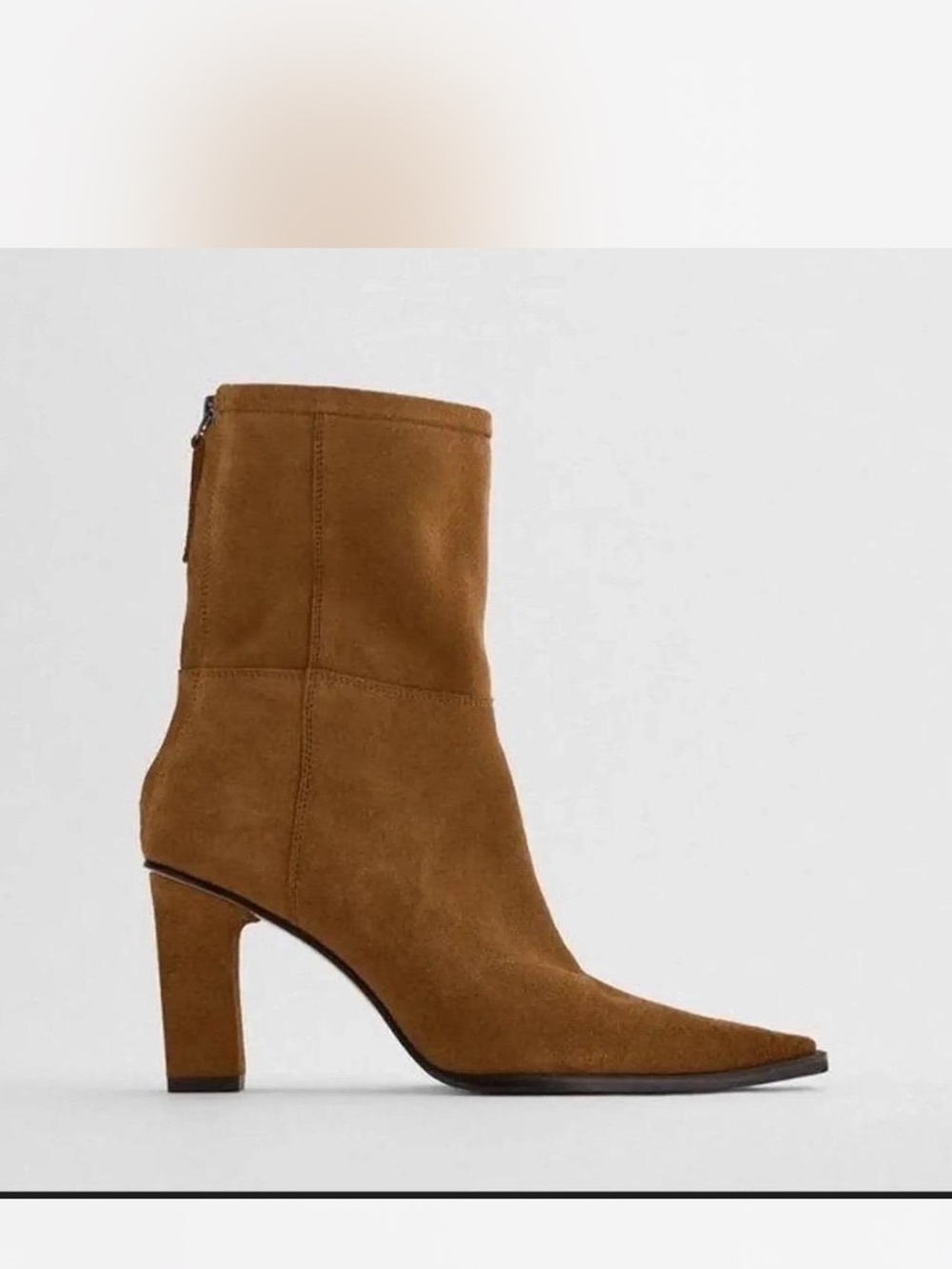 Zara Tan Suede Pointed-Toe Mid-Calf Heeled Boots